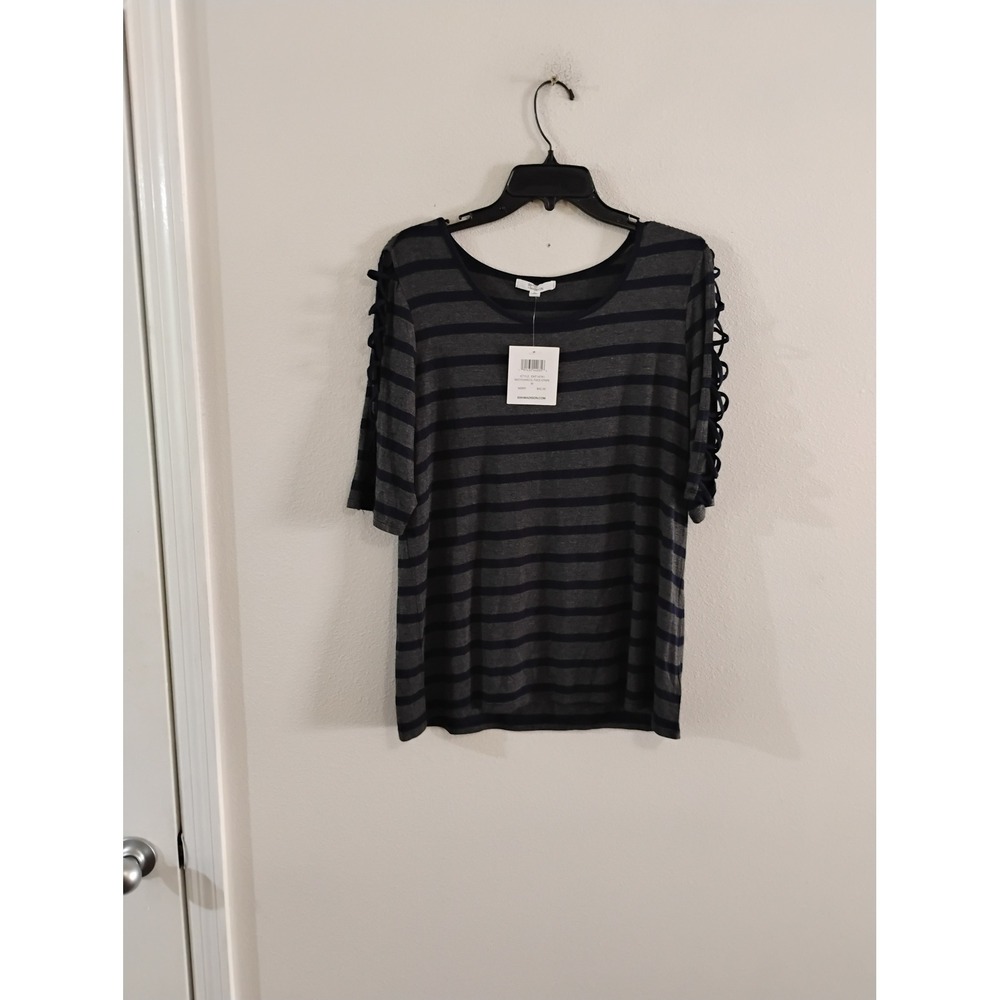 89th + Madison Womens Striped Lattice Sleeve Scoop Neck Top Navy Grey Medium NWT